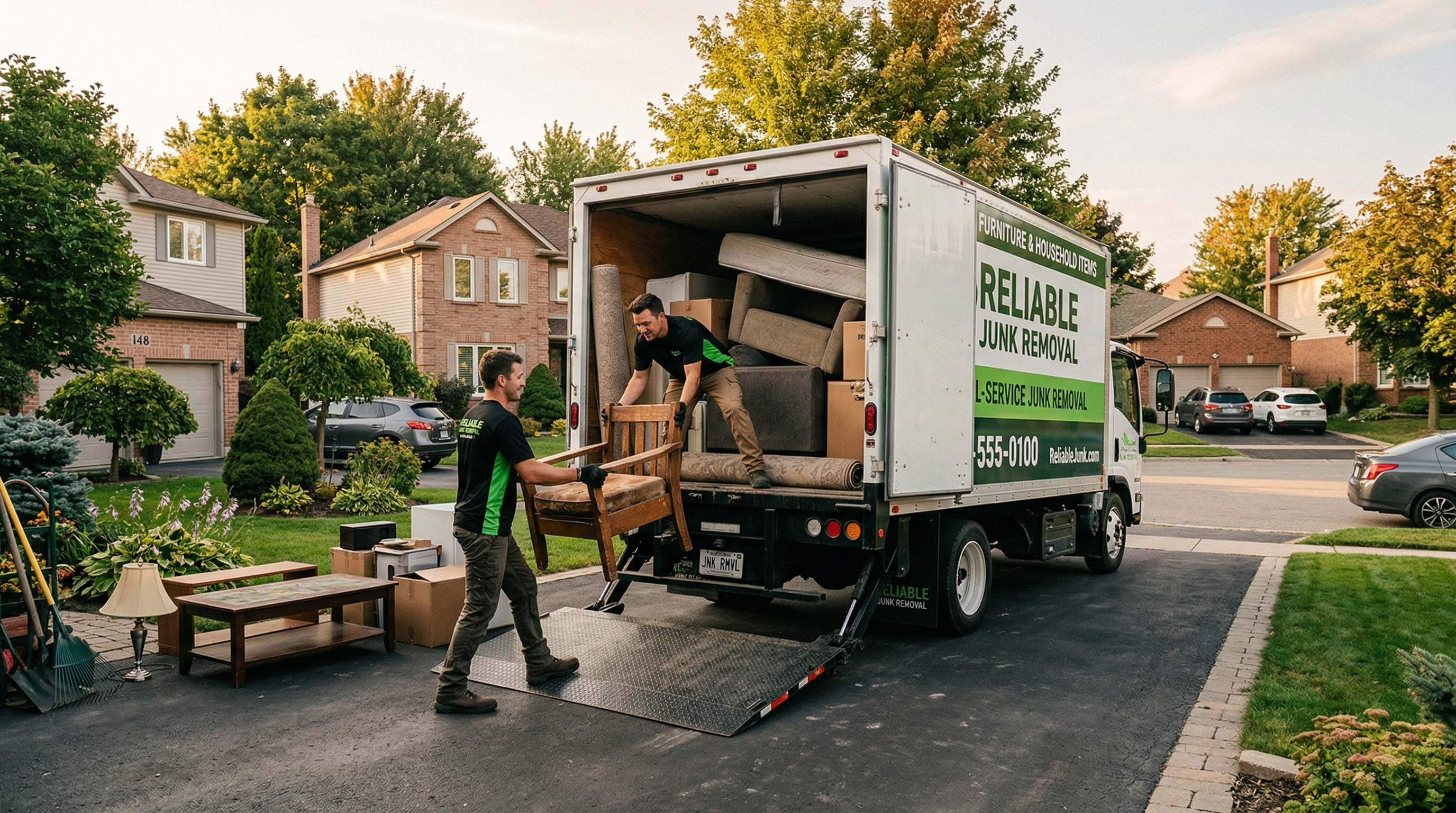 Junk removal crew loading items into truck in a suburban neighborhood